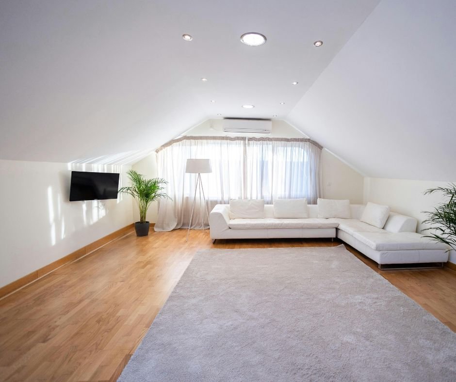 Bright finished attic living space with seating and a television area