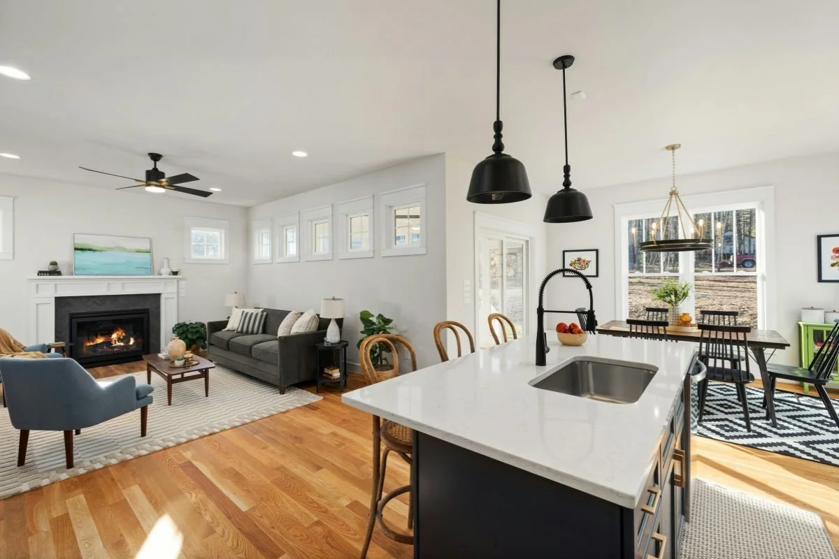 Open-concept kitchen connected to adjoining living space