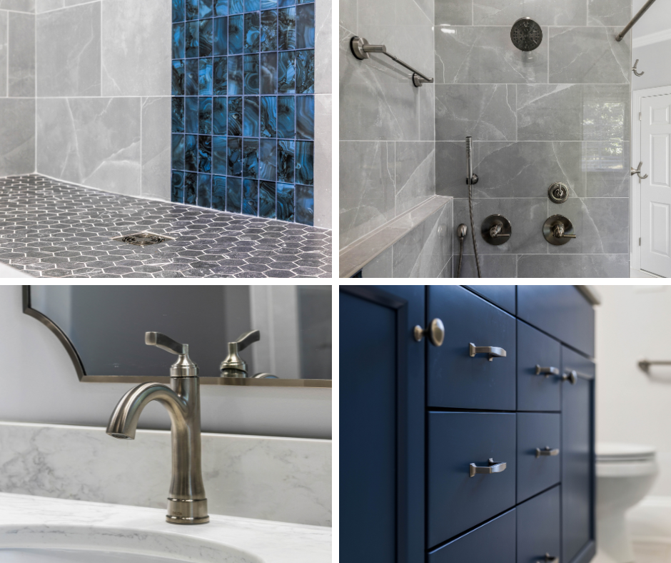 Four bathroom design details: Blue Onyx accent tile, blue vanity cabinetry, Frosted Pearl flooring, and rolling glass shower door hardware.