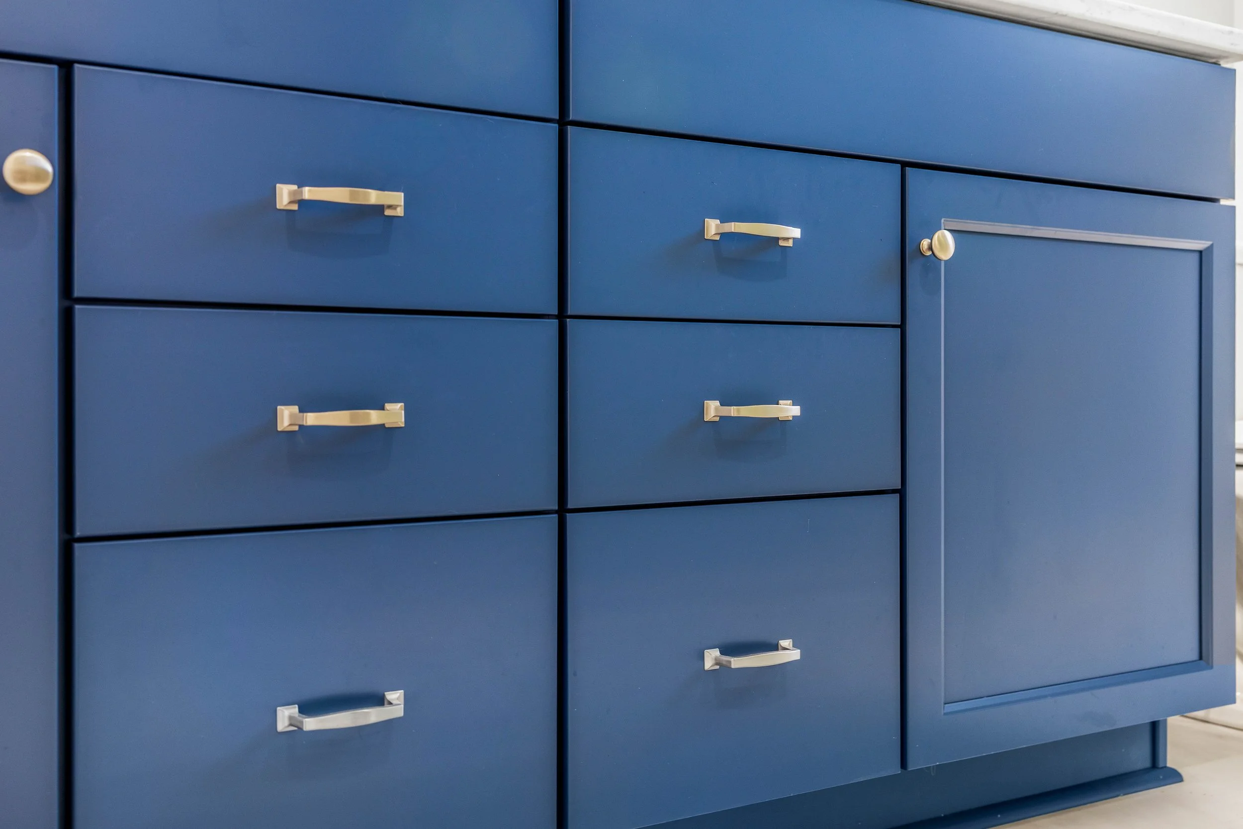 Blue double-sink vanity selected for the Wyatt Farms primary bathroom remodel.