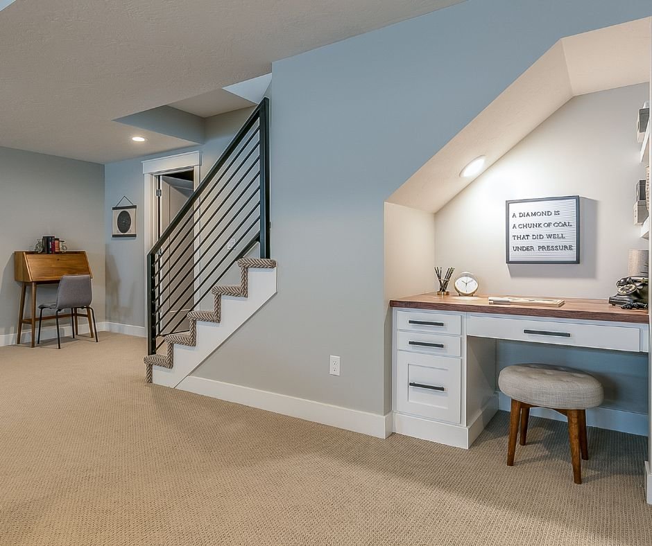Flexible finished basement space that can be used for a home office, playroom, or multipurpose living area