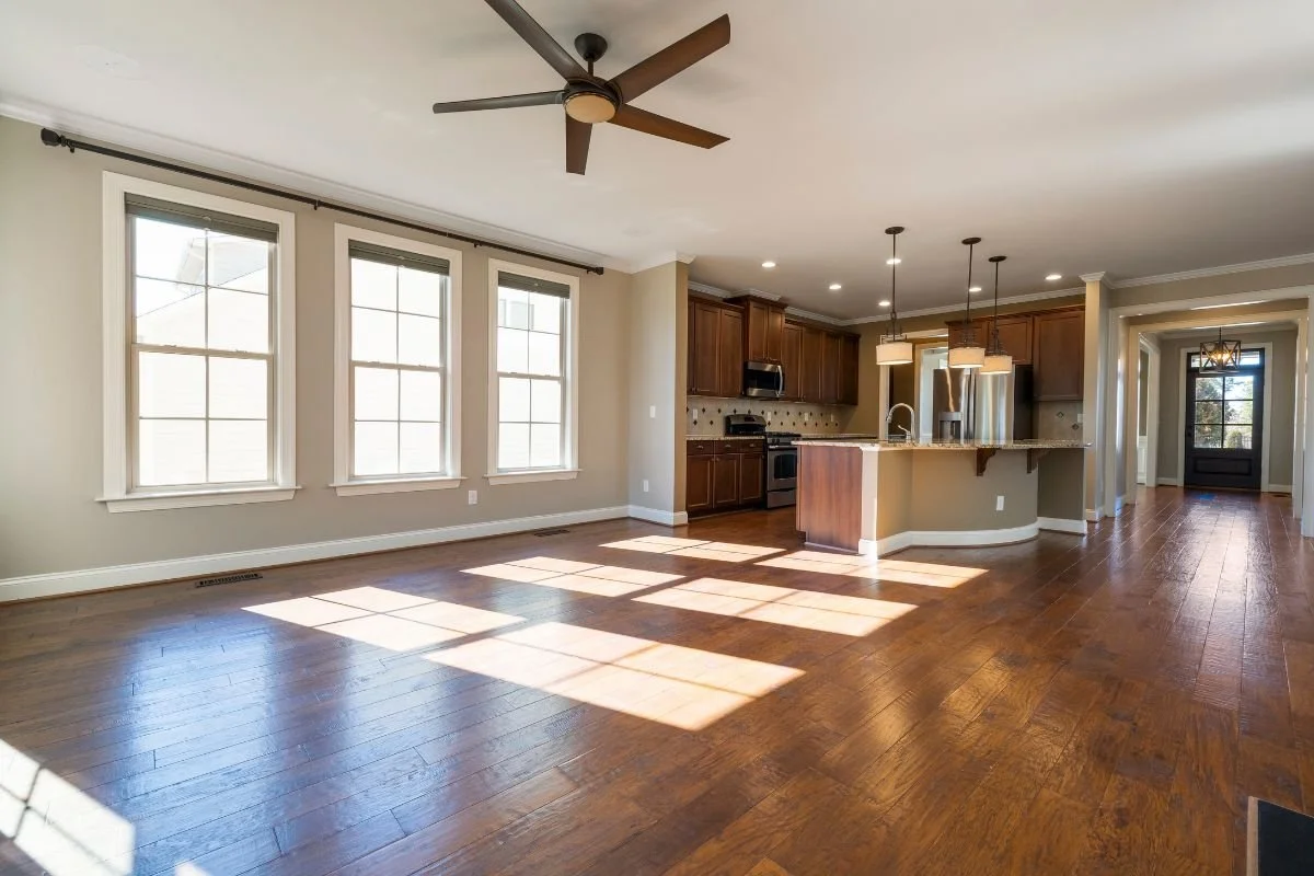 Open room with coordinated flooring and trim