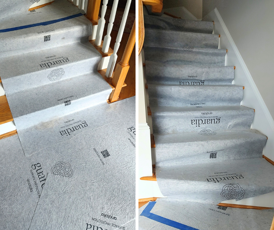 Protective floor and stair coverings during a bathroom remodel in Blacksburg