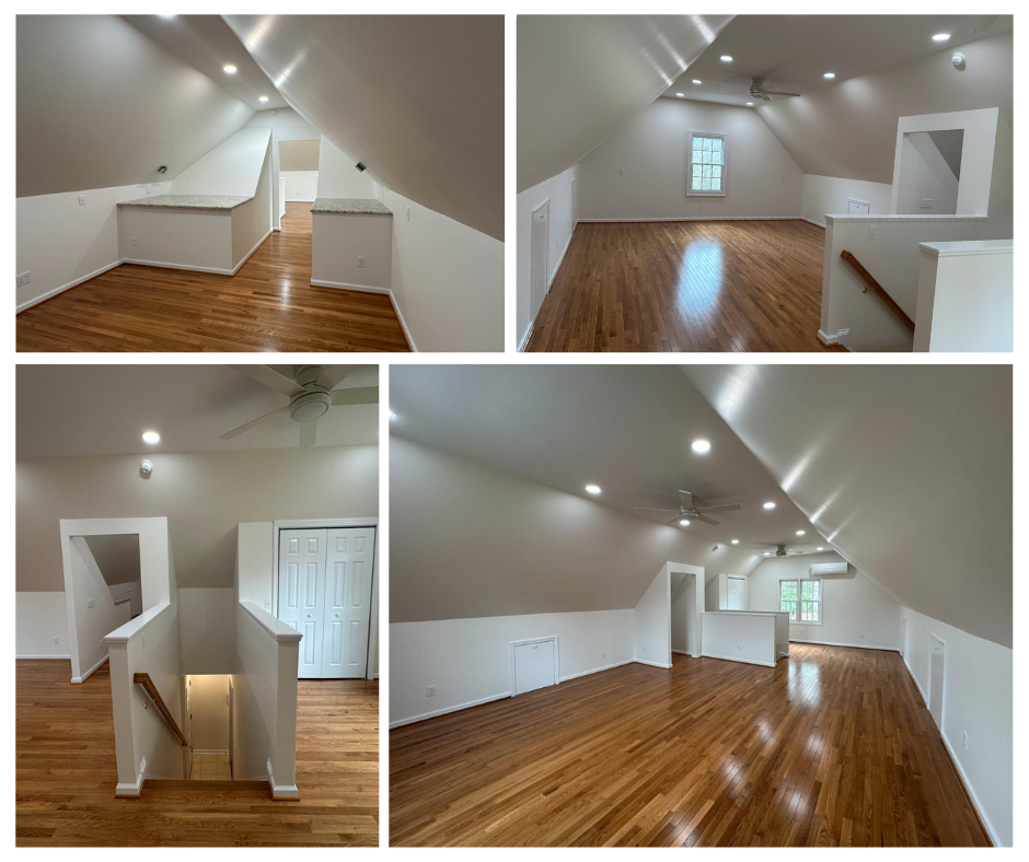 Collage of a finished attic remodel in Christiansburg, Virginia with stair access, sloped ceilings, recessed lighting, and hardwood floors