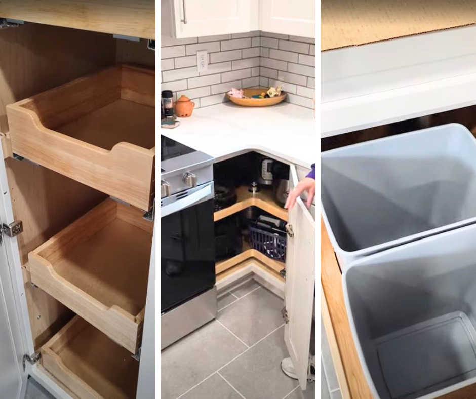 Pull-out pantry drawers providing accessible storage in a small kitchen renovation in Pembroke, Virginia.