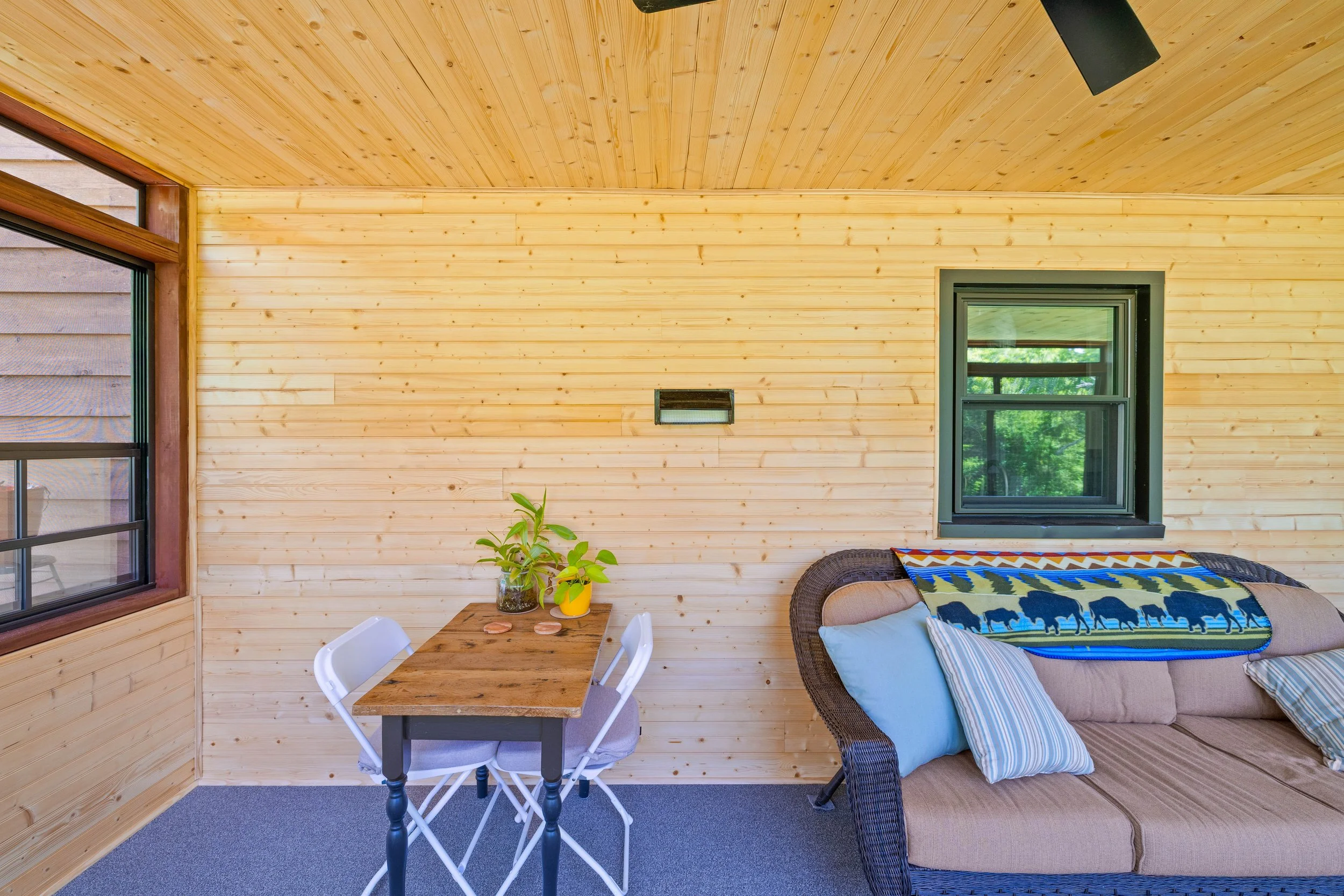Close-up of natural pine board paneling inside a Blacksburg three-season room.
