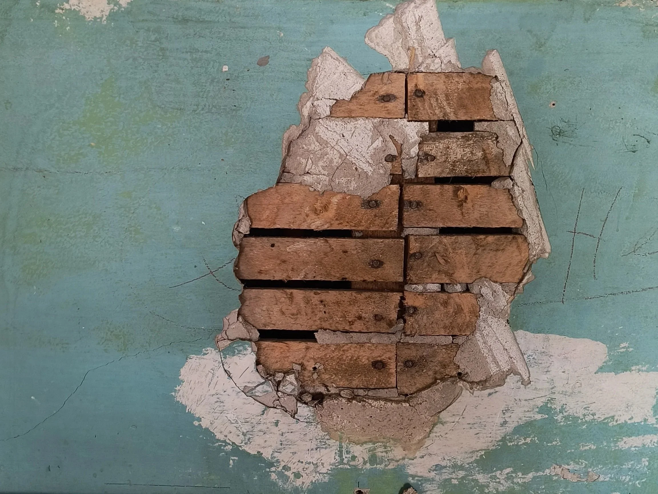 Original lath and plaster exposed during renovation of a 1919 Sears kit house in Pembroke, Virginia