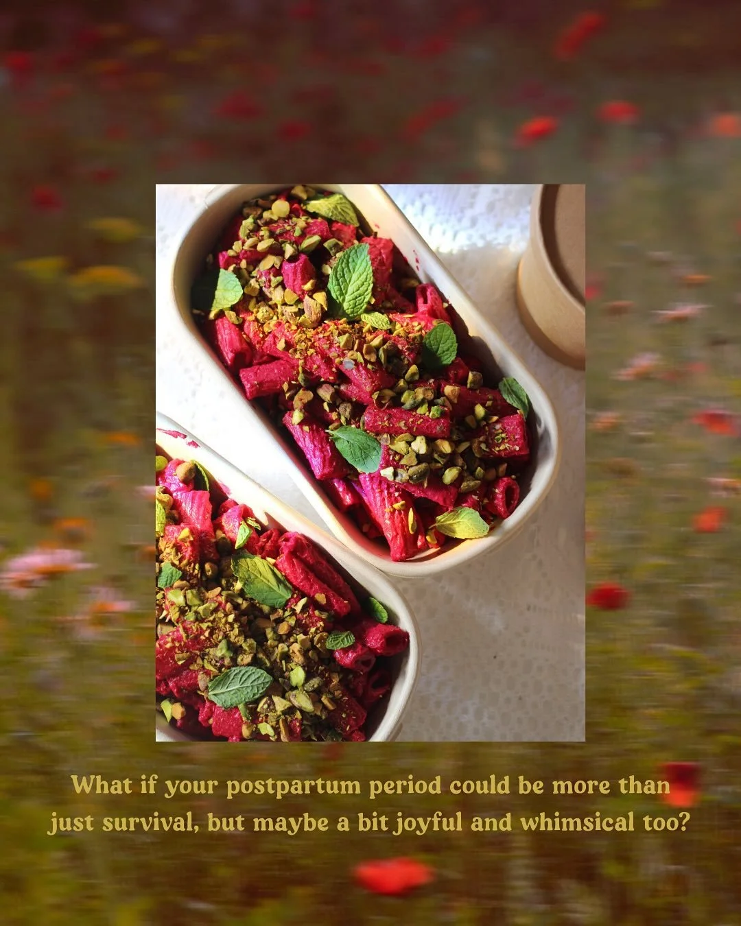 These are photos of a particularly special and colorful meal I made for a postpartum meal service delivery client last week! Bright, iron-rich beets now a pink pasta sauce, plus grounding pistachios and creamy goat cheese. A sensory-rich AND nutrient