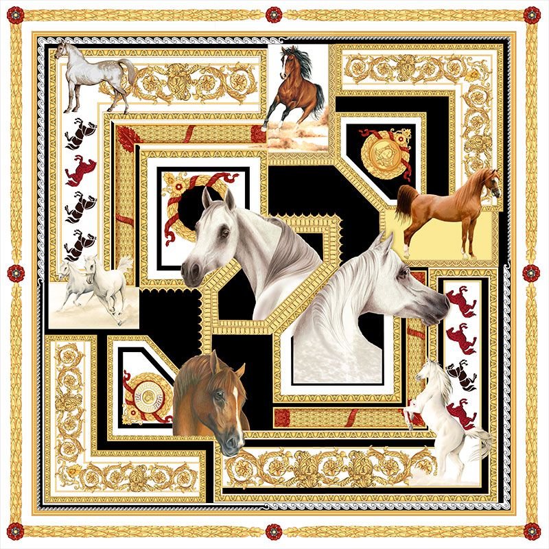 A decorative collage featuring various horse illustrations framed by intricate gold patterns, with a black background and red accents.