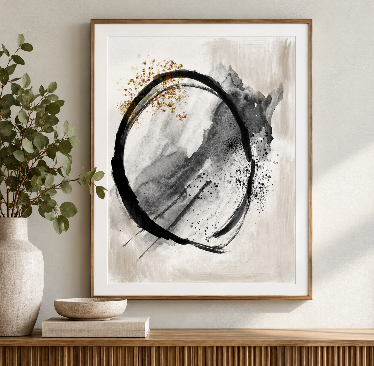 Always abstract art print by Louise Duggan displayed framed in a neutral contemporary interior.