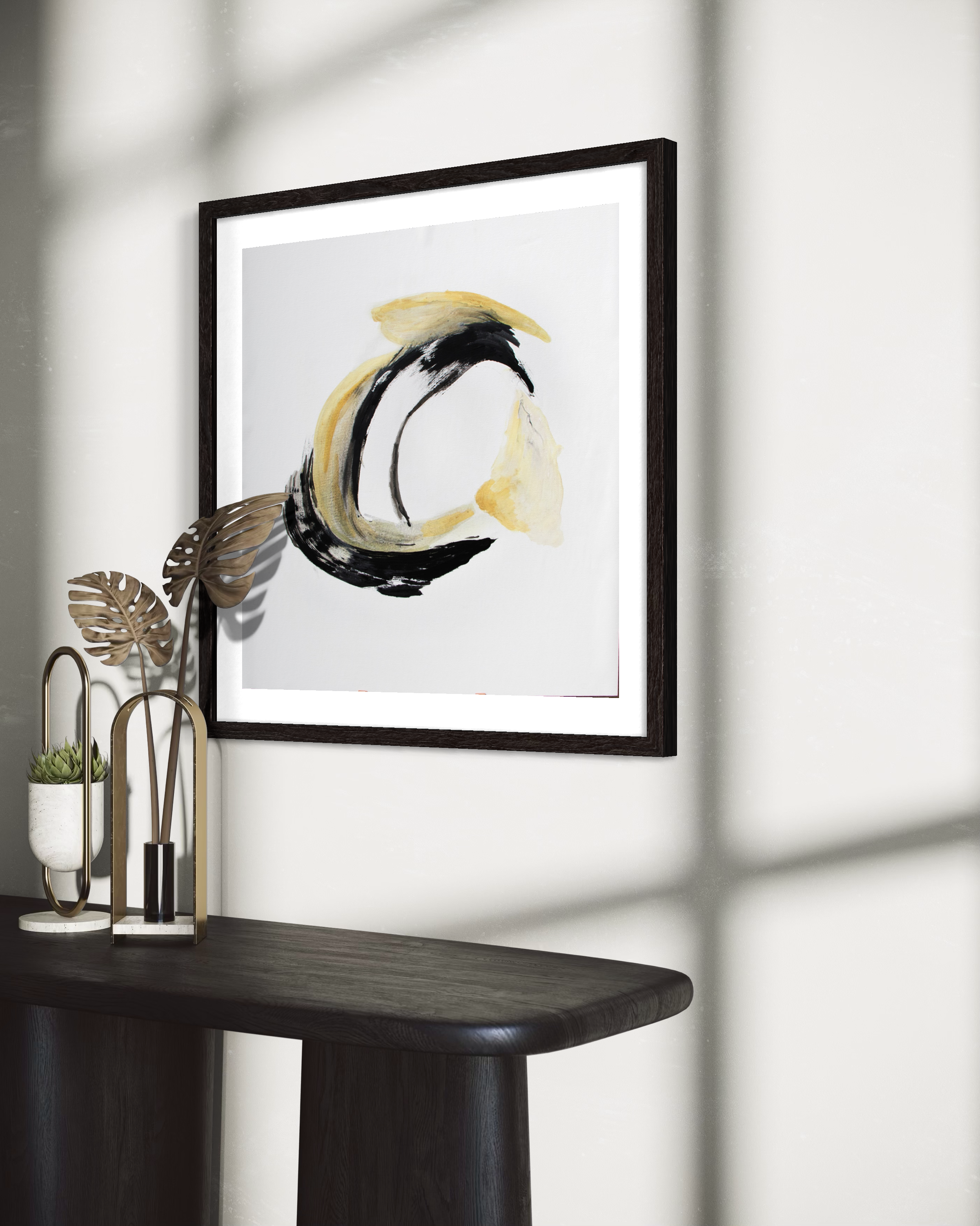 Passage art print displayed above a dark console table