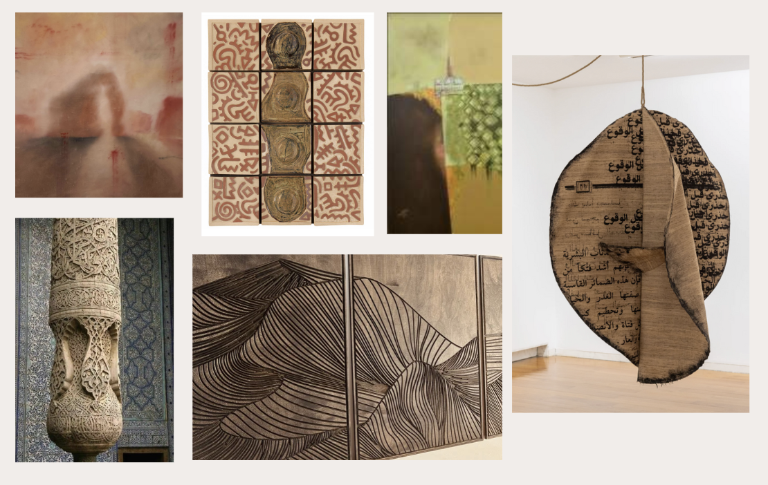 Collage of abstract art, geometric tiles, ornate sculpture, and fabric installation