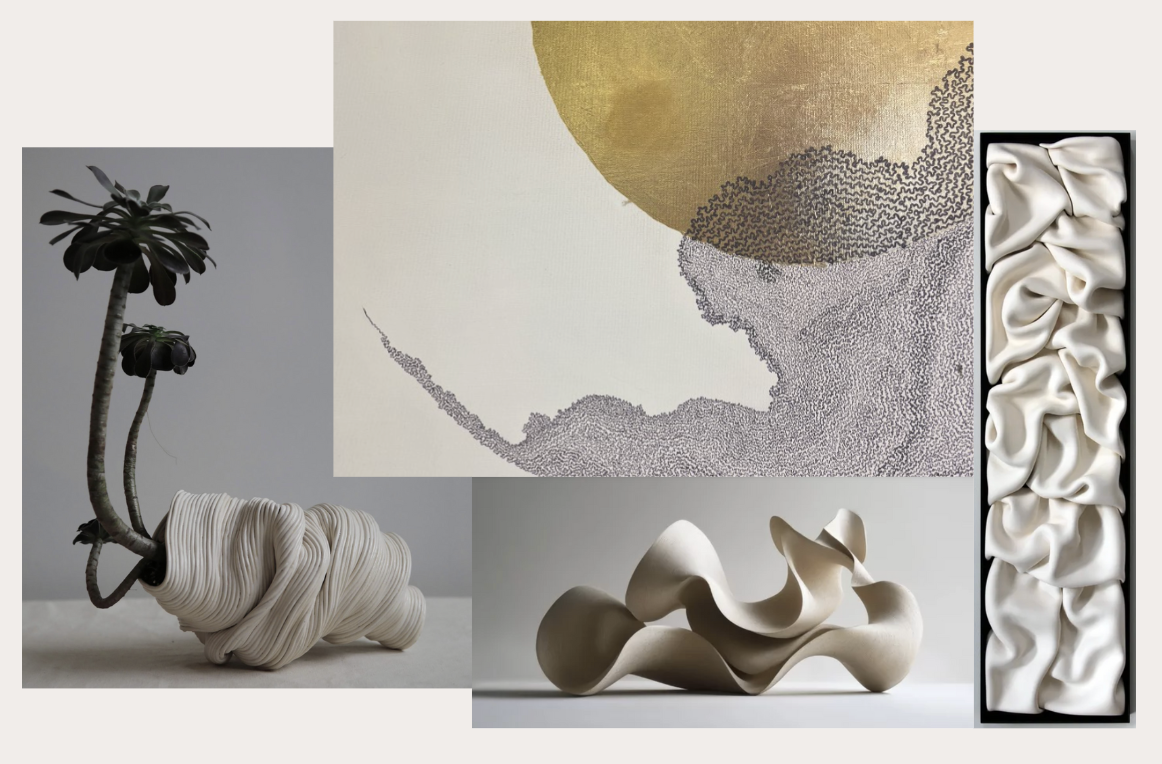 Collage of abstract art pieces, including a black plant with white textured base, a gold and gray textured painting, and two white, flowing sculptures.