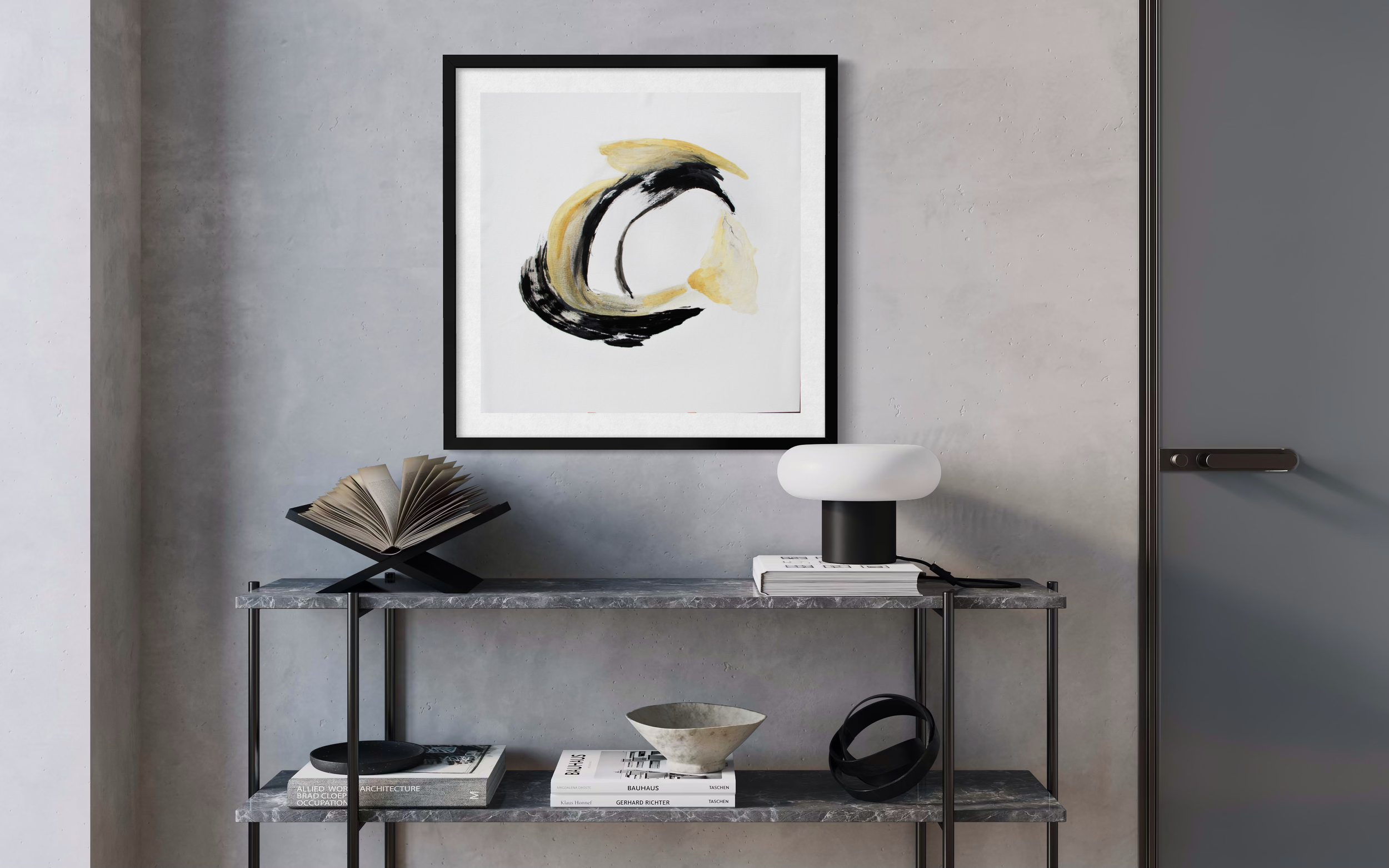 Passage art print framed above a contemporary console table