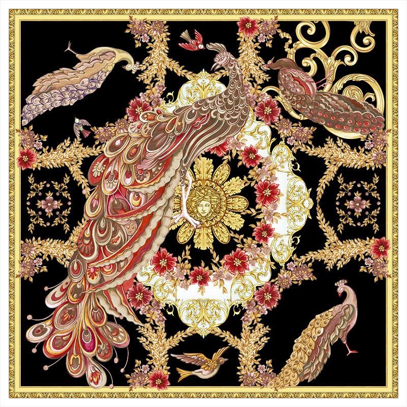Intricate design featuring colorful peacocks and floral motifs with a golden sun-like medallion at the center. The pattern includes detailed scrollwork and vibrant flowers on a black background.