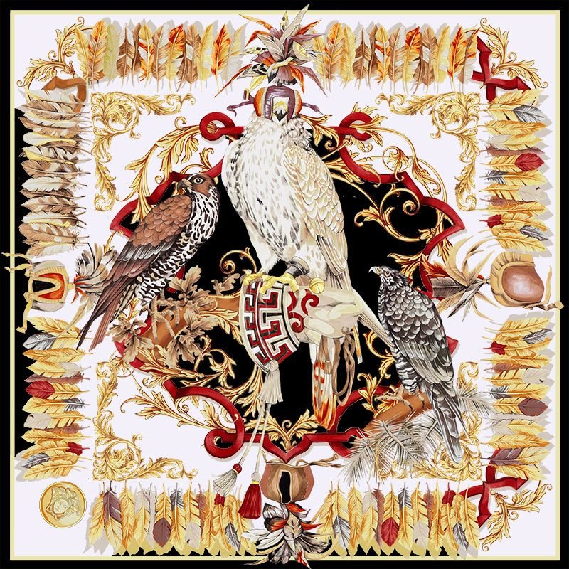 Illustration featuring three birds surrounded by ornate patterns, feathers, and decorative motifs in a square layout. Predominantly red, gold, and black color scheme with intricate detailing.