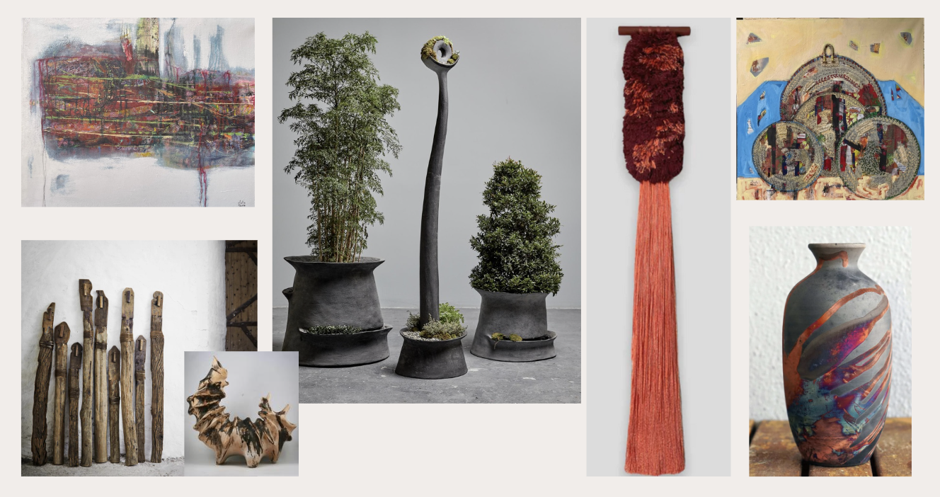 A collage of various artworks including abstract paintings, sculptures, and pottery. Top left shows a colorful abstract painting. Top center features black planters with greenery. Top right displays a wall tapestry with red and orange fibers. Bottom