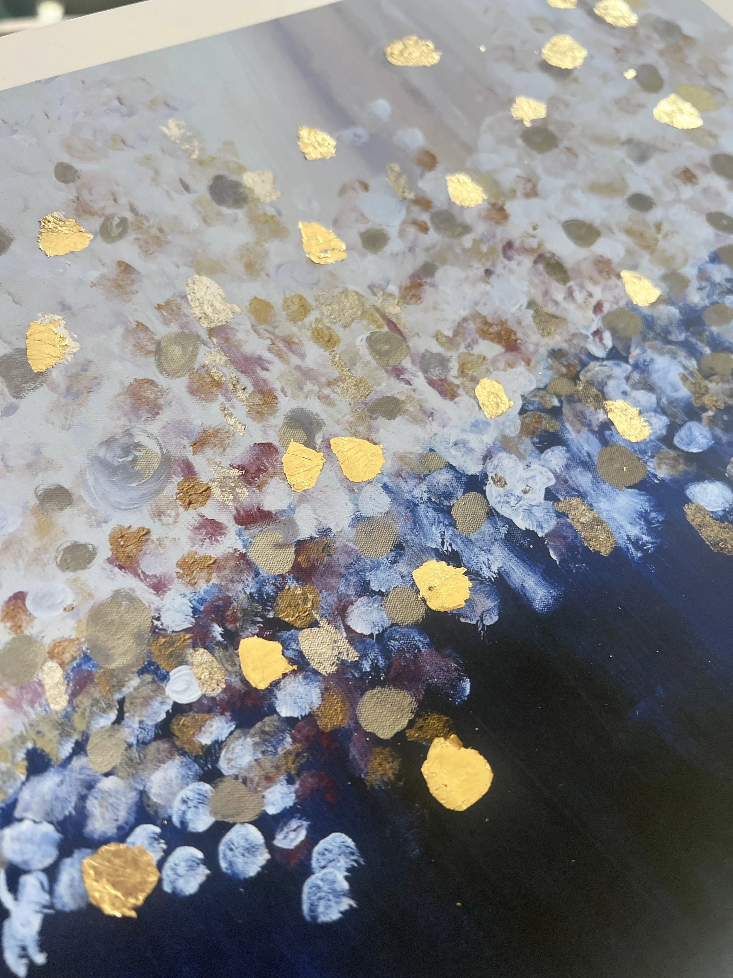 Close-up detail of Morning by Louise Duggan showing layered blue tones and gold leaf detailing.