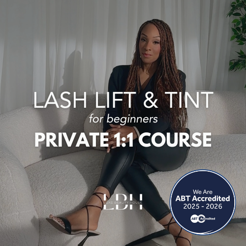 A woman sitting on a sofa promoting lash lift and tint for beginners with private one-on-one course, and an ABT accreditation badge in the bottom right corner.