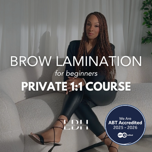 A woman with long braids sitting on a light-colored couch in front of white curtains, advertising a private one-on-one eyebrow lamination course for beginners.