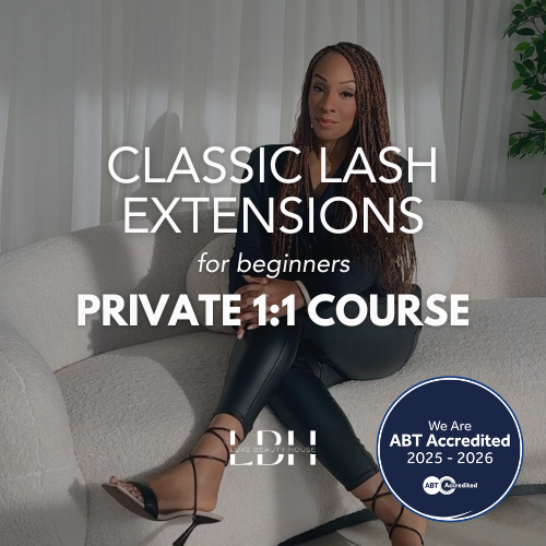 A woman with long braided hair sitting on a light-colored sofa in a room with sheer curtains and a green plant, promoting classic lash extensions, private 1:1 courses, and ABT accreditation.