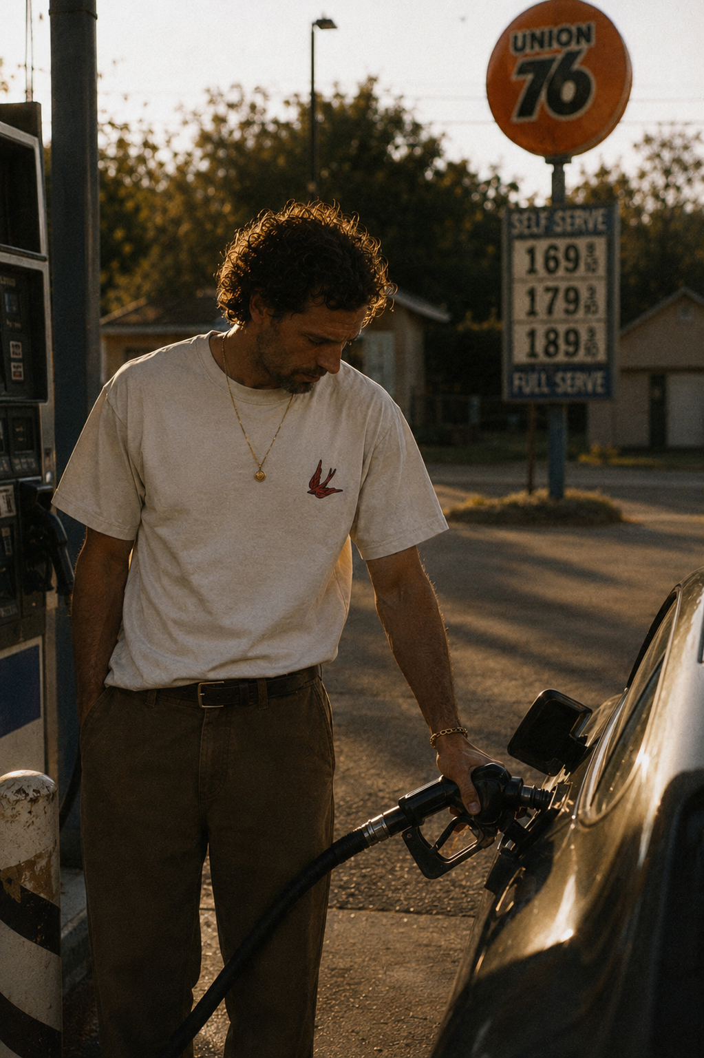 Ein Mann tankt sein Auto an einer Tankstelle bei Sonnenuntergang.