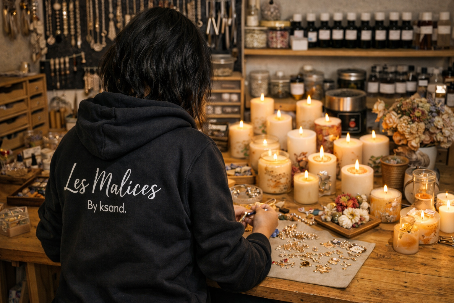 Une femme regarde une table remplie de bougies et de bijoux dans un atelier artisanal.