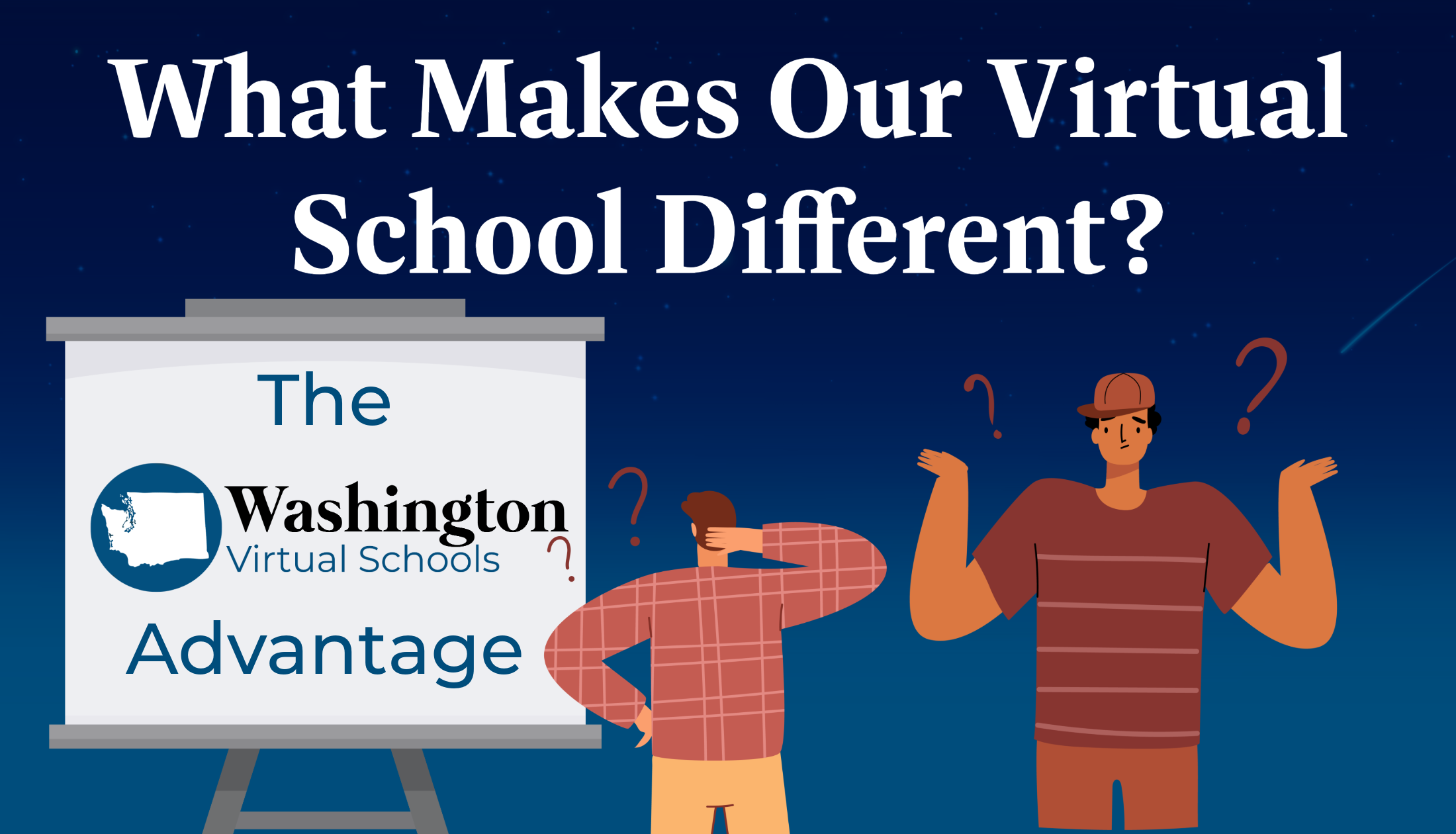 A blue header with an illustration of two confused people in front of a screen. Text reads "What makes our virtual school different? The Washington Virtual Schools Advantage"