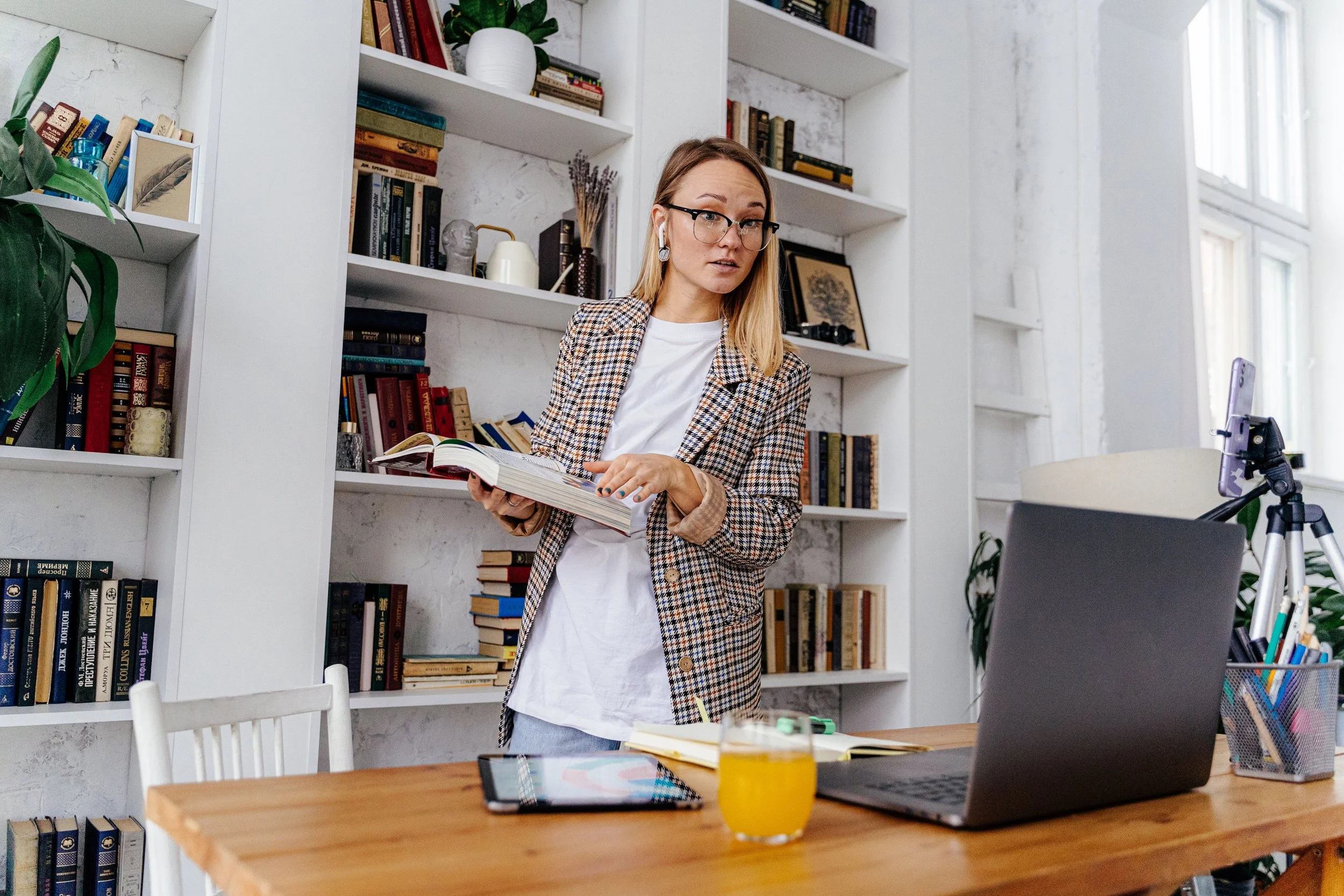 A virtual school teacher teaches a class