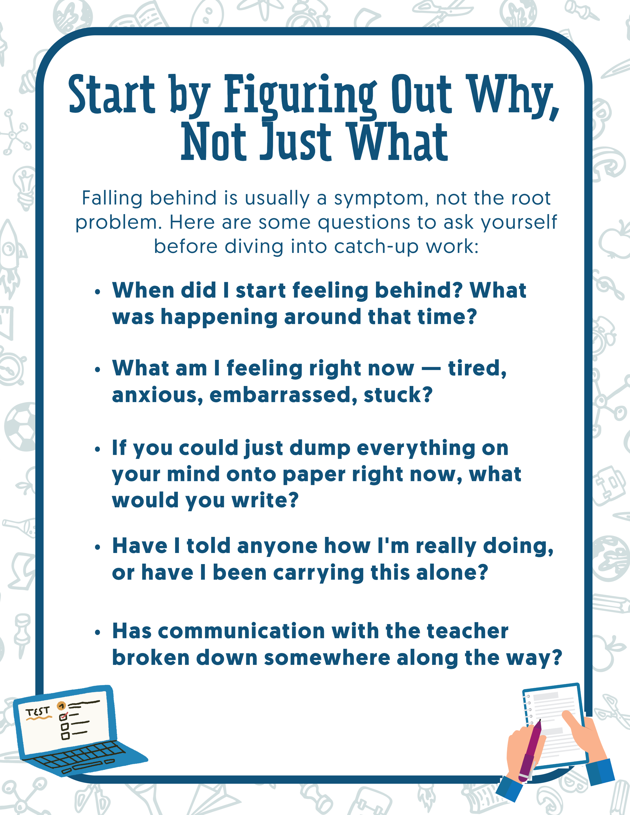Infographic: Start by Figuring Out Why, Not Just What, with five reflection questions to ask before starting catch-up work.