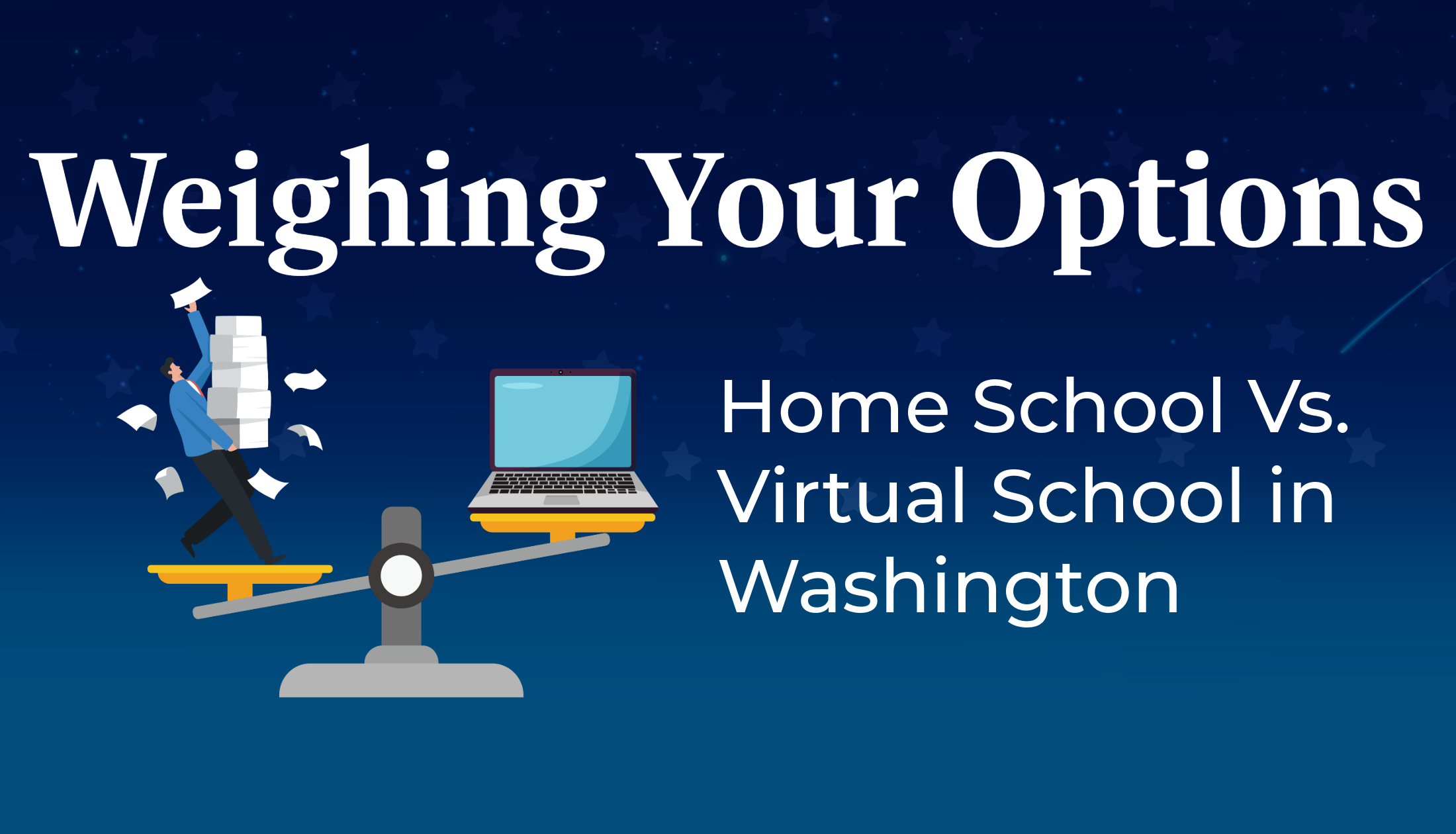 A blue header with the illustration of a scale balancing a laptop on one side and a parent with paperwork on the other. White text spells out the title