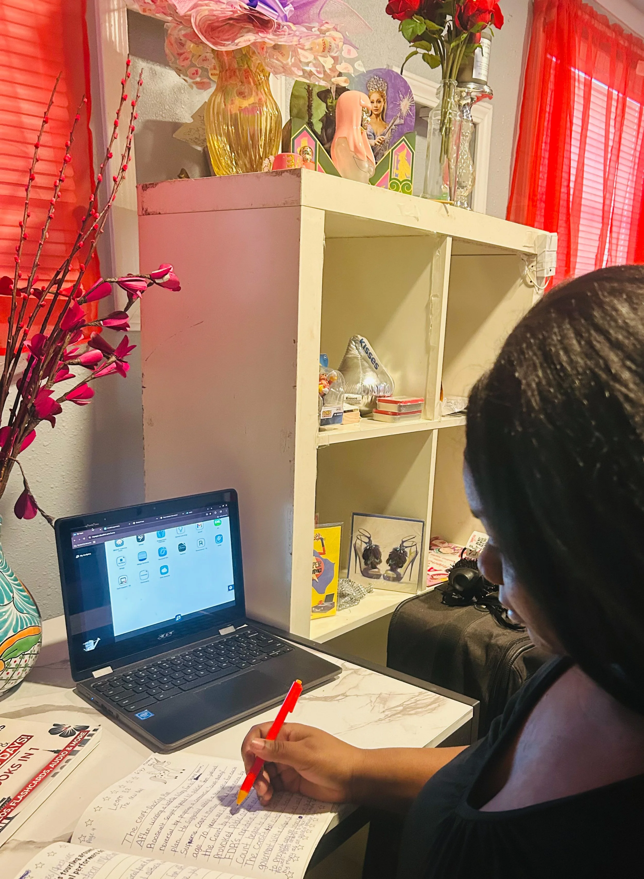 Leylianna sitting at her desk writing with a laptop open