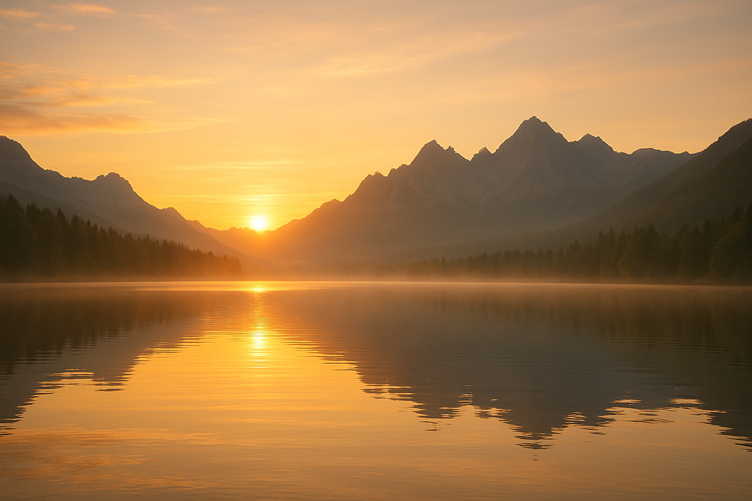 Sunset over mountains reflected in a calm lake with a misty foreground and silhouette of trees.