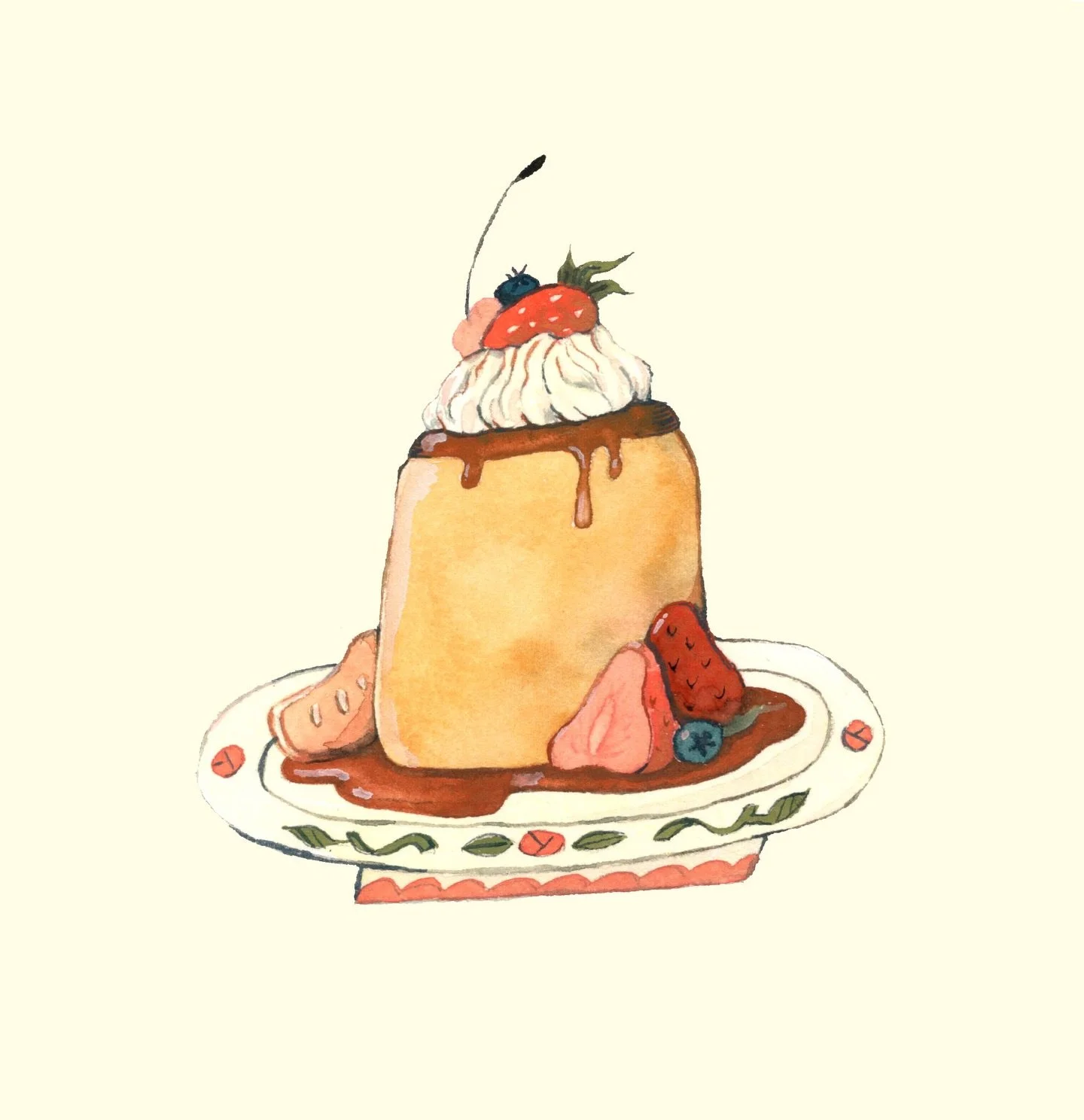 Pudding I painted a few weeks back 🍮 I&rsquo;ve been doing more drawing than painting lately. I finished a sketchbook again today and am scared to start my new one.