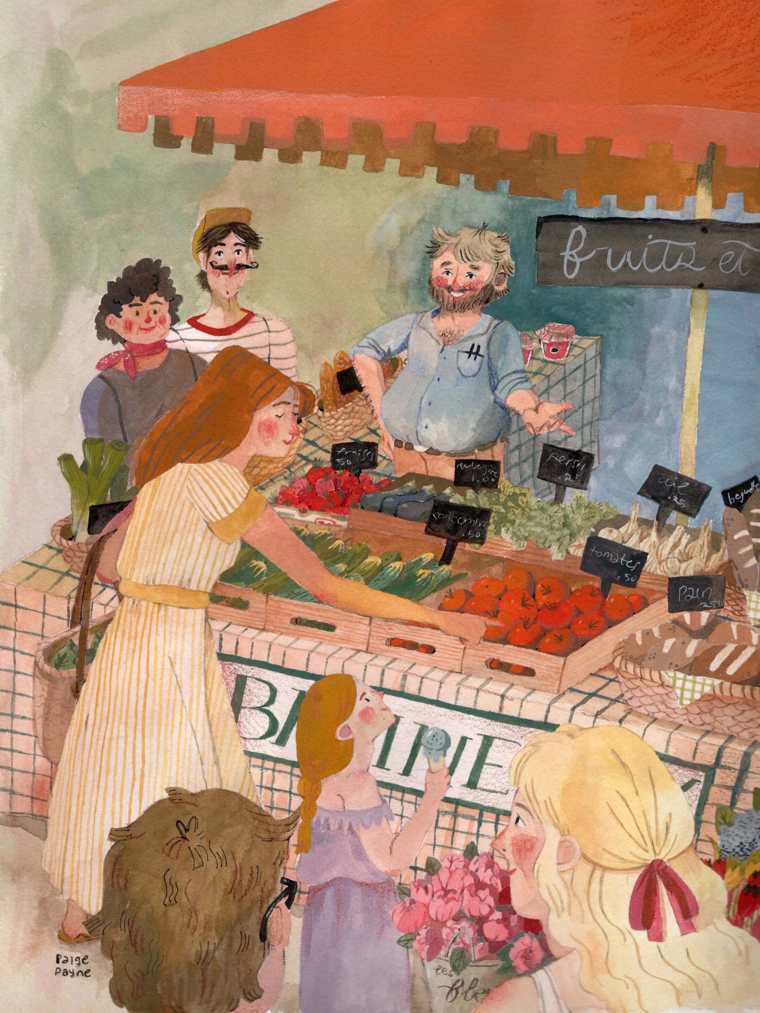 Farmer&rsquo;s Market 🍅🥒🥖🥚🧀 I painted this in 2024 after reading James Gurney&rsquo;s Color and Light and wanted to try using a limited color palette. Even with its glaring flaws, this is still one of my favorite pieces I&rsquo;ve made. Swipe fo