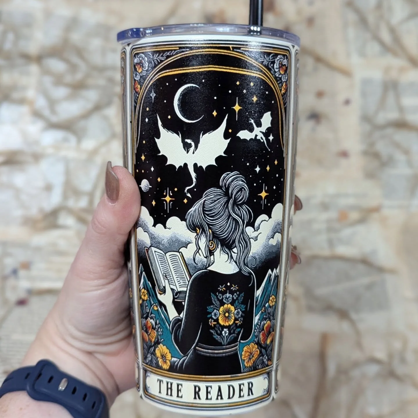 New merch! Awesome tumblers, new stickers, recycled reusable bookish bags, and a few new cute tarot decks.