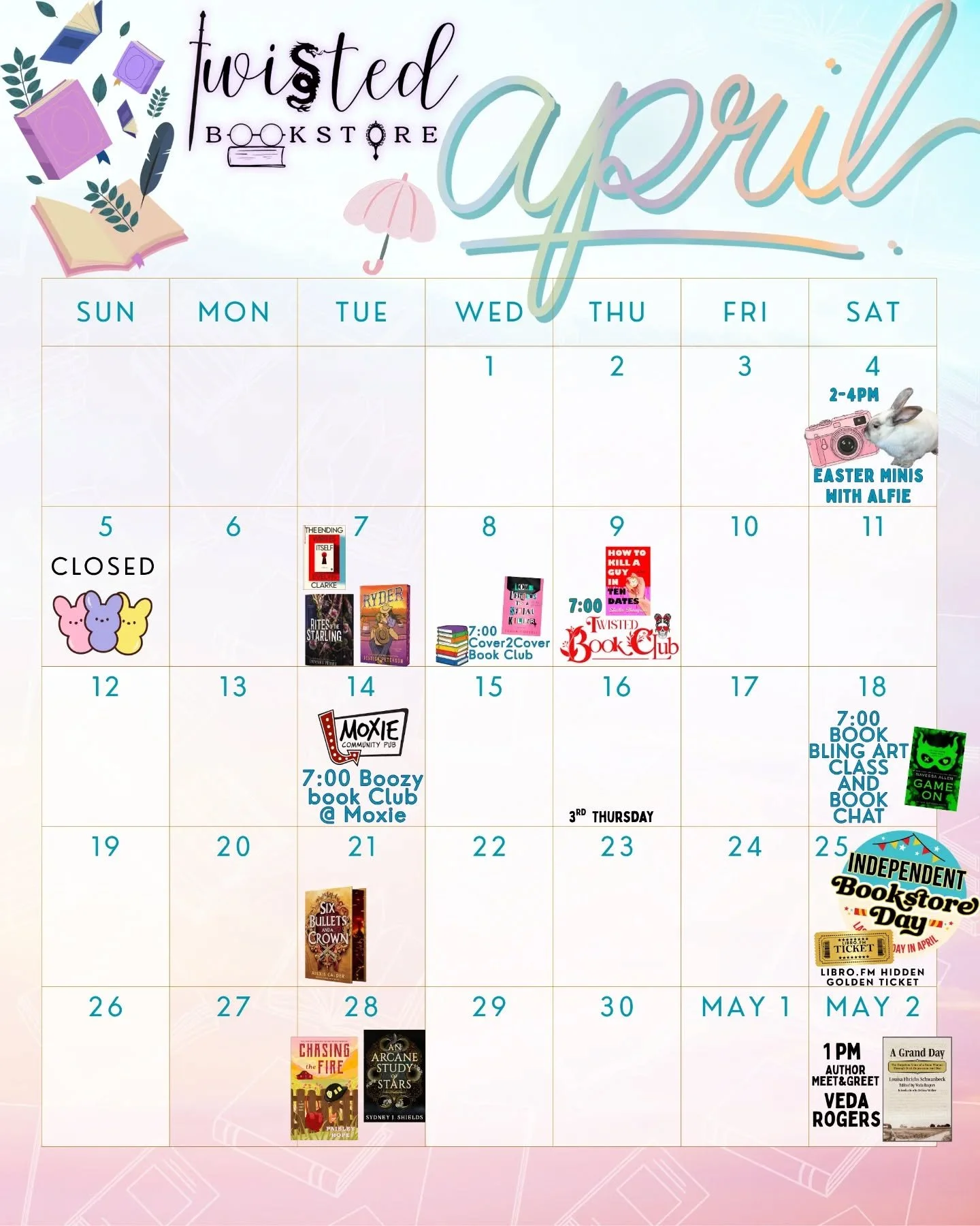 April is HUGE! More amazing big hitters, Independent Bookstore Day, photos with Alfie, and an art class/book chat! *more about that to come. 
.
.

#indiebookstore #bookstagram #bookevent #whatshappening #indiebookstoreday
