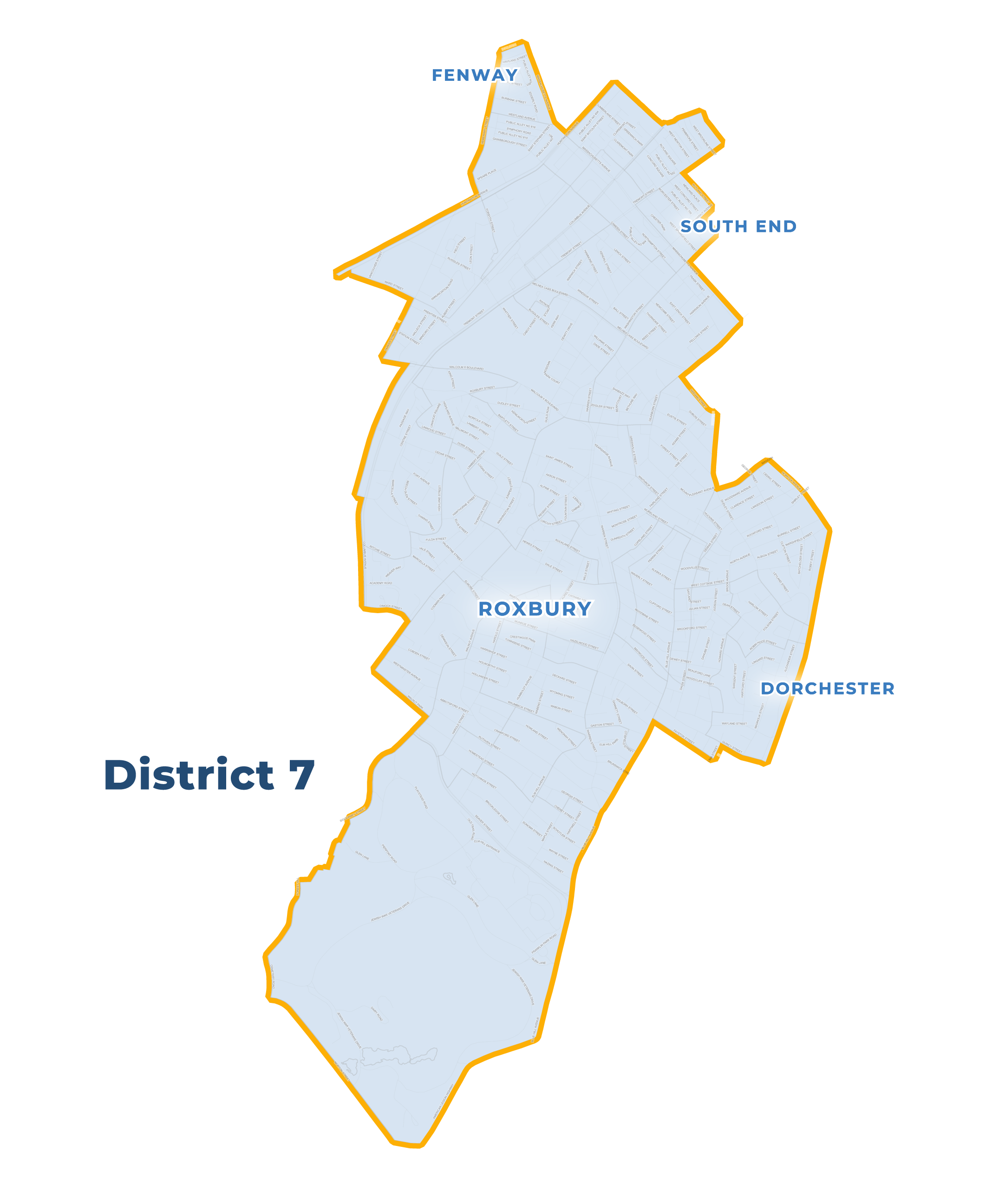 Map of Boston's District 7 with neighborhood labels Roxbury, Dorchester, Fenway, and South End, outlined with a yellow border.
