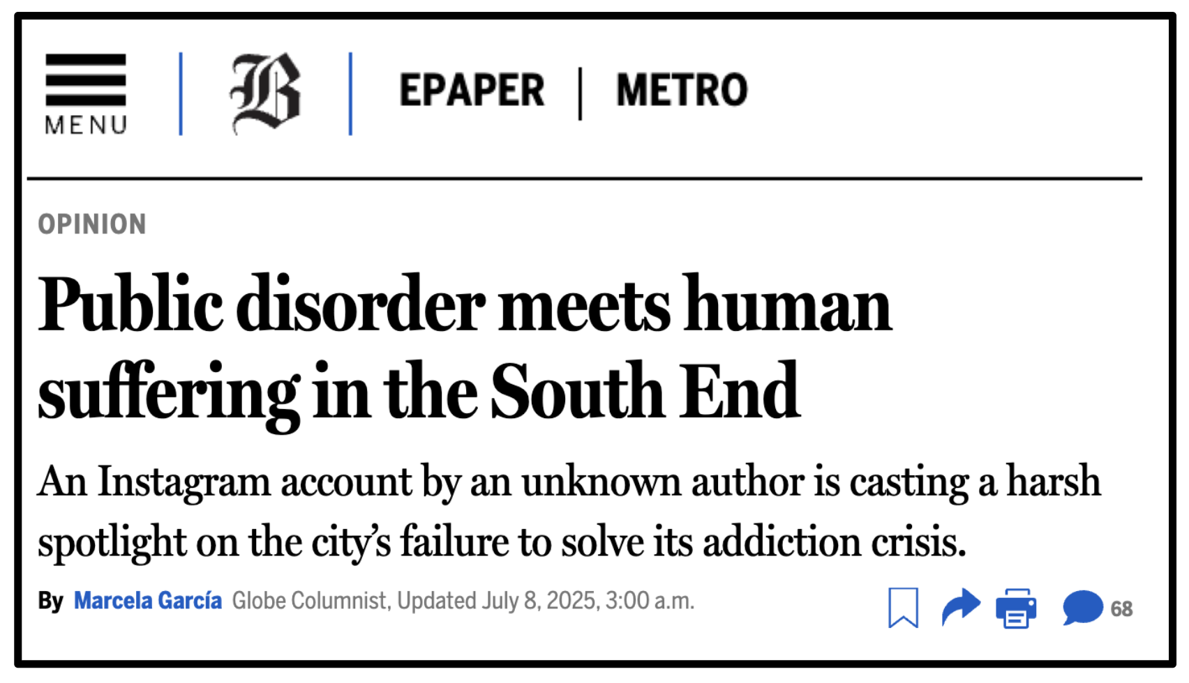 Screenshot of a news article headline from the Boston Globe about public disorder and human suffering in the South End, with an author byline and publication details.