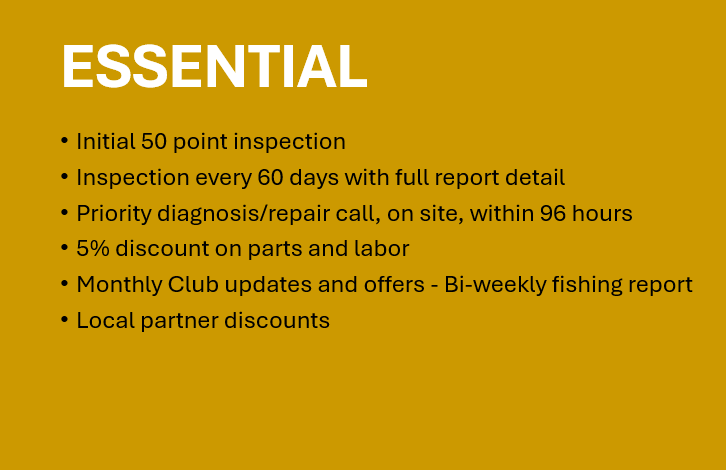 A slide with a mustard yellow background and white text titled 'ESSENTIAL.' The slide lists key points about inspection services, including initial 50 point inspection, regular inspections, quick repair call response, discounts on parts and labor, monthly club updates, and local partner discounts.