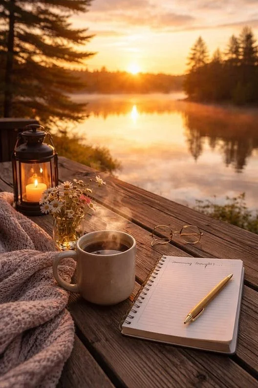A journal and pen beside a steaming mug of coffee, a candle lantern, and wildflowers on a wooden dock overlooking a misty lake at sunrise.