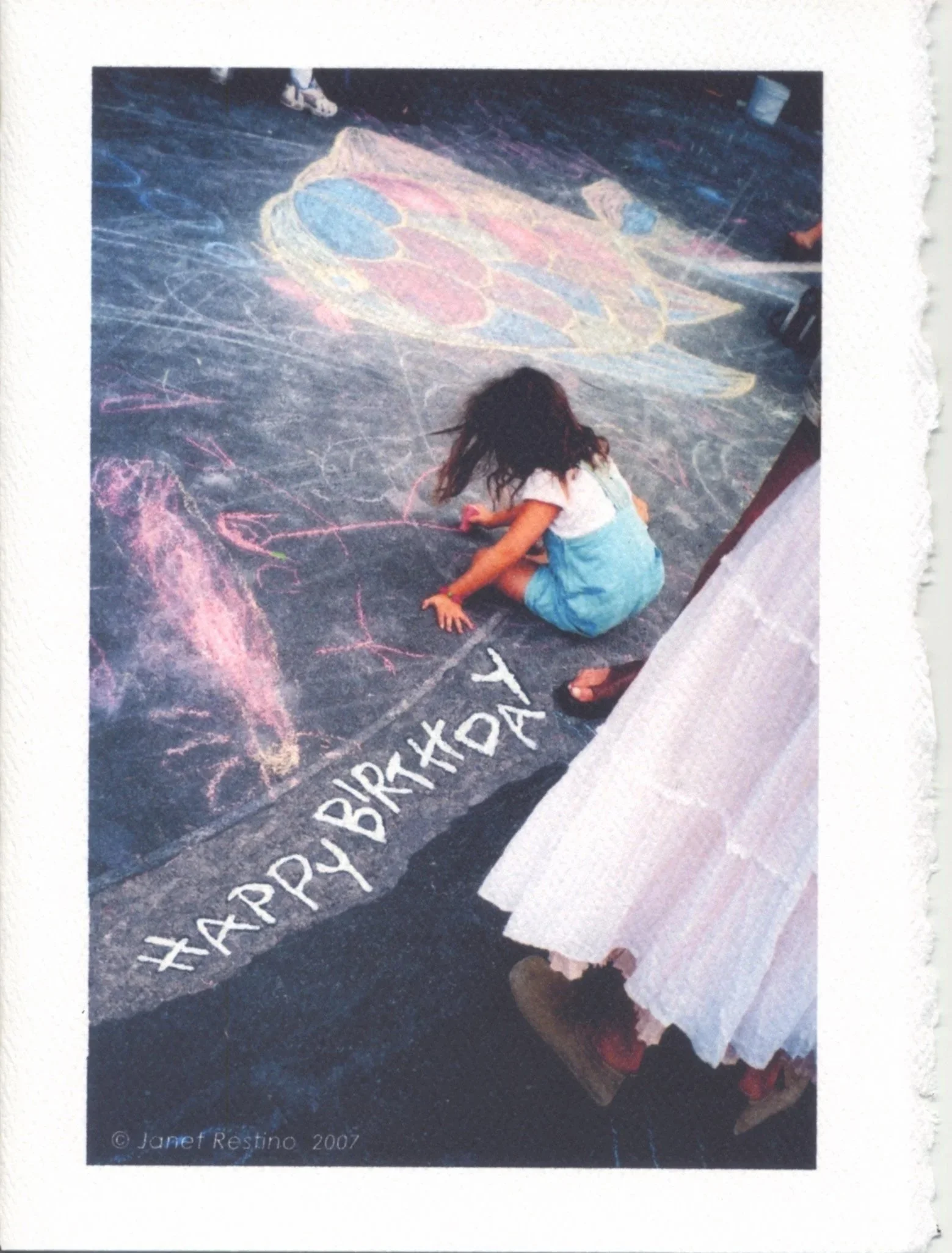 Girl with Chalk "Happy Birthday" Custom printed blank greeting card (4 pack)