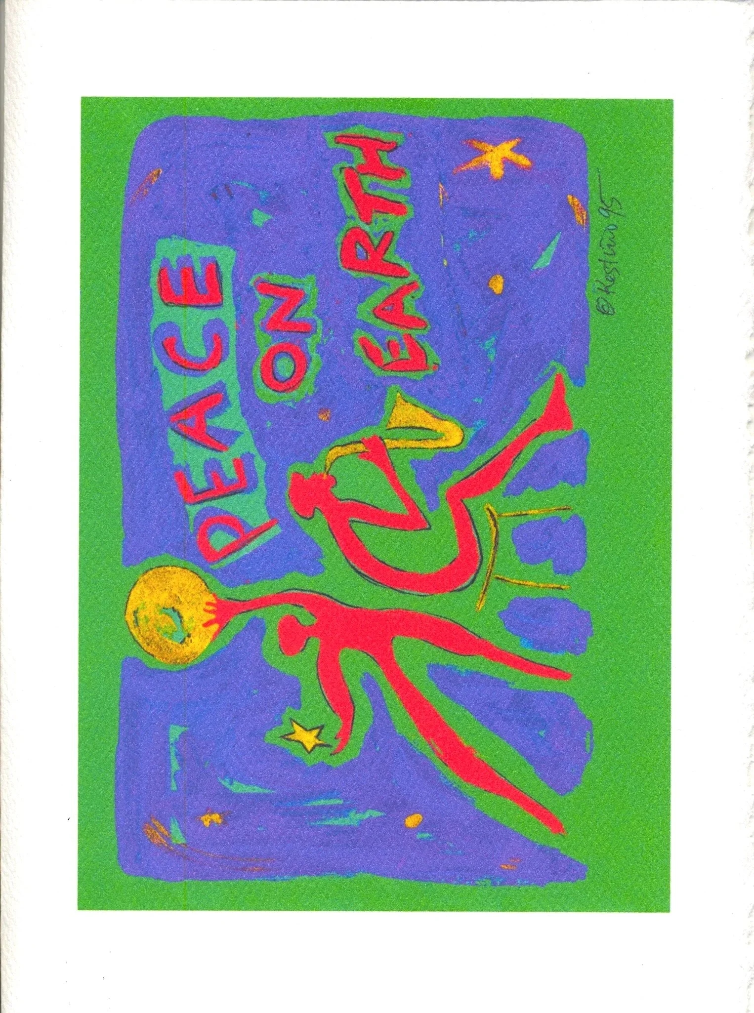 2 Musicians in Red at night "Peace on Earth"  Custom printed greeting card (4 pack)