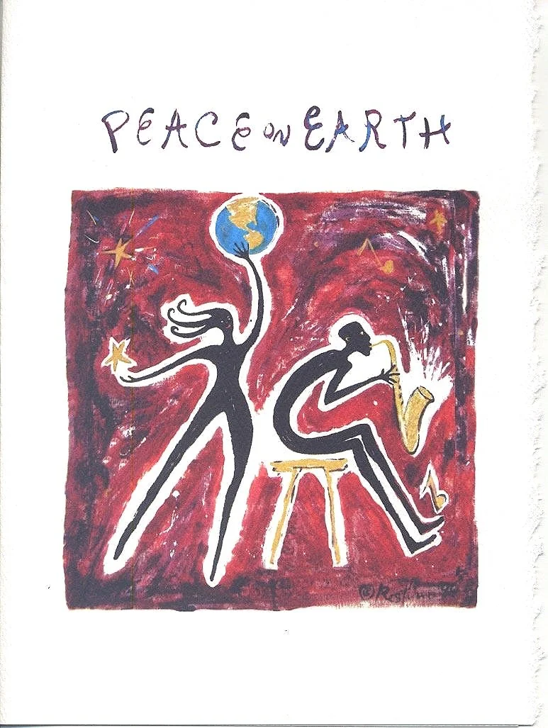 Peace on Earth  Couple with globe & sax custom printed greeting card ( 4 pack)