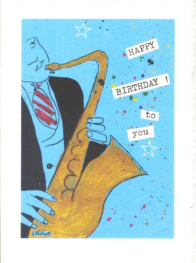 Lester on Sax Happy Birthday!  Custom printed greeting card (4 pack)