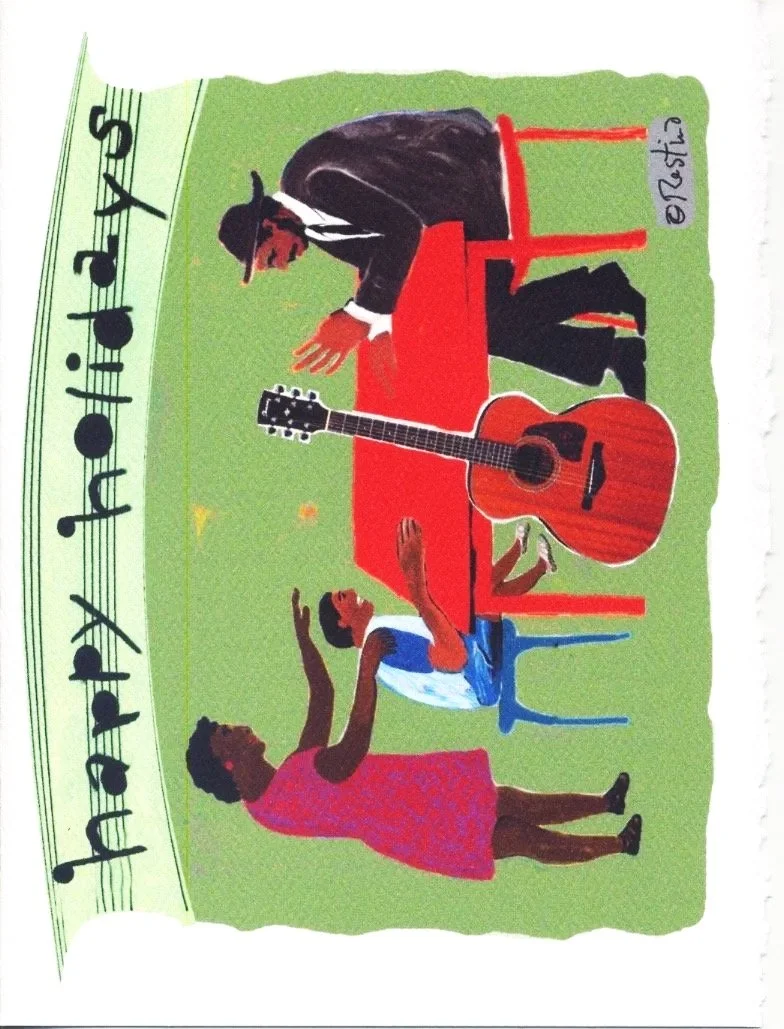 Family at table with guitar "Happy Holidays"  Custom printed greeting card  (4 pack)