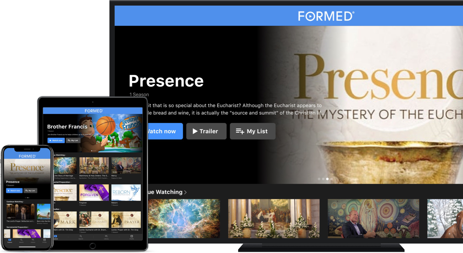 Digital display showing the "FORMED" streaming platform on various devices, featuring religious content titles such as "Presence: The Mystery of the Eucharist" and "Brother Francis."