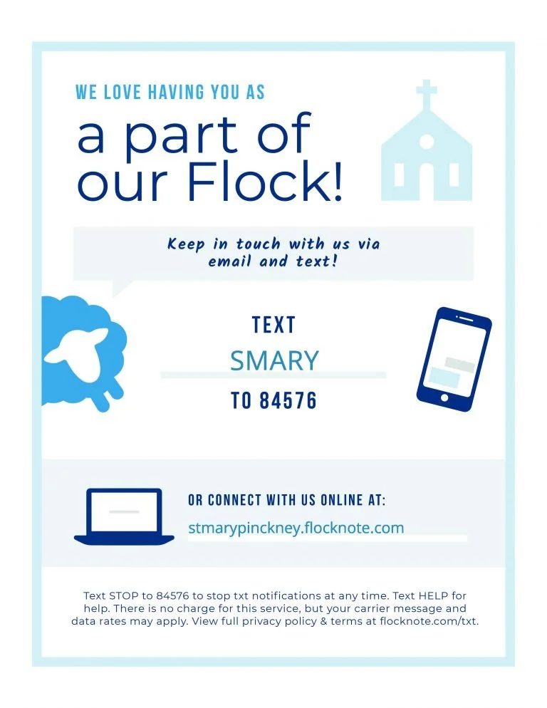 Church communication flyer inviting people to join via text and online. Features a church icon, sheep icon, and a phone graphic. Instructions to text "SMARY" to 84576 and connect at stmarypinckney.flocknote.com. "We love having you as part of our Flock.""