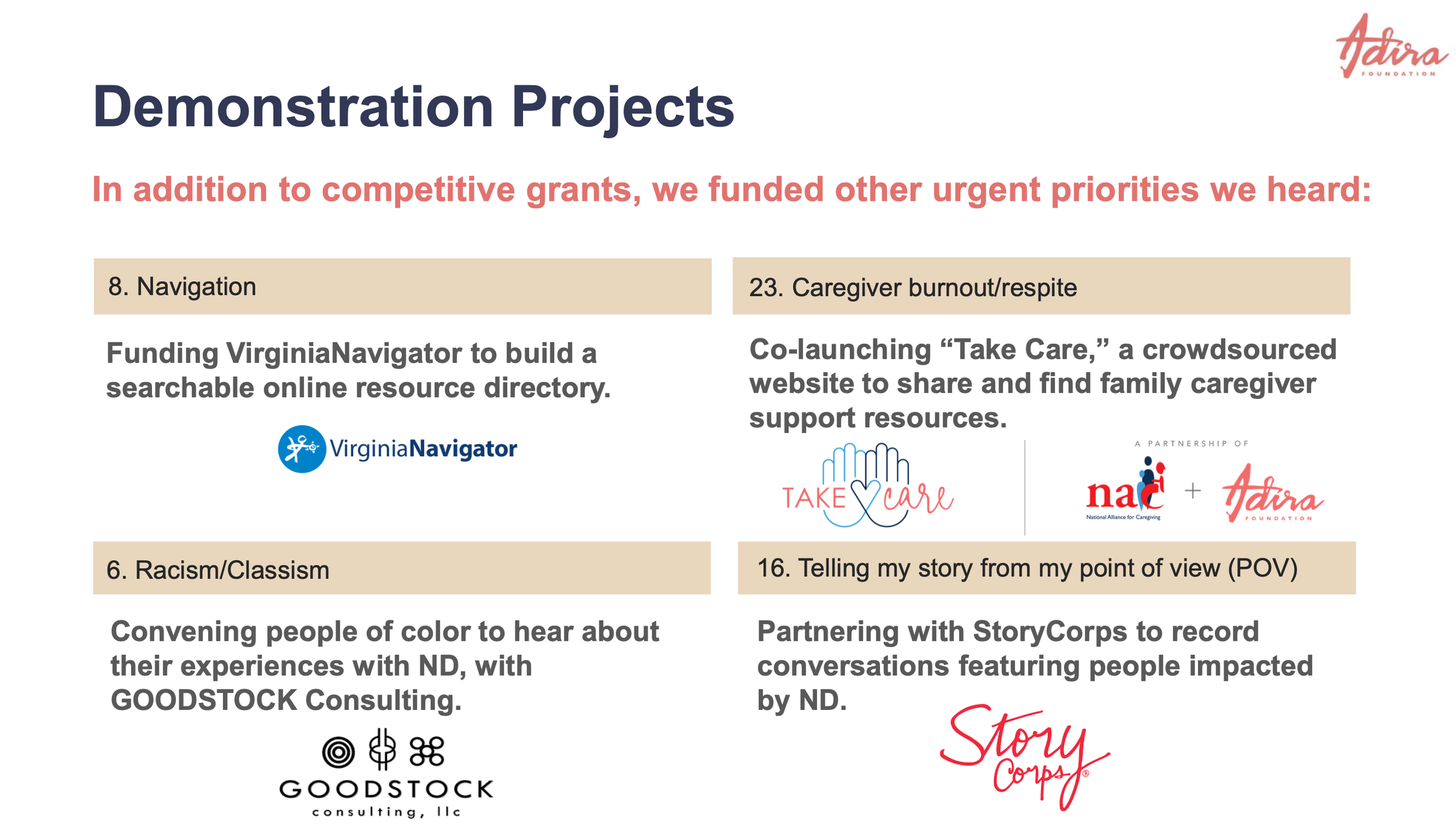 Adira funded 26 grant awards to nonprofits -- 21 in competitive grants over three grant cycles. Another 5 received direct awards (Demonstration Projects) for particularly inventive proposal ideas.