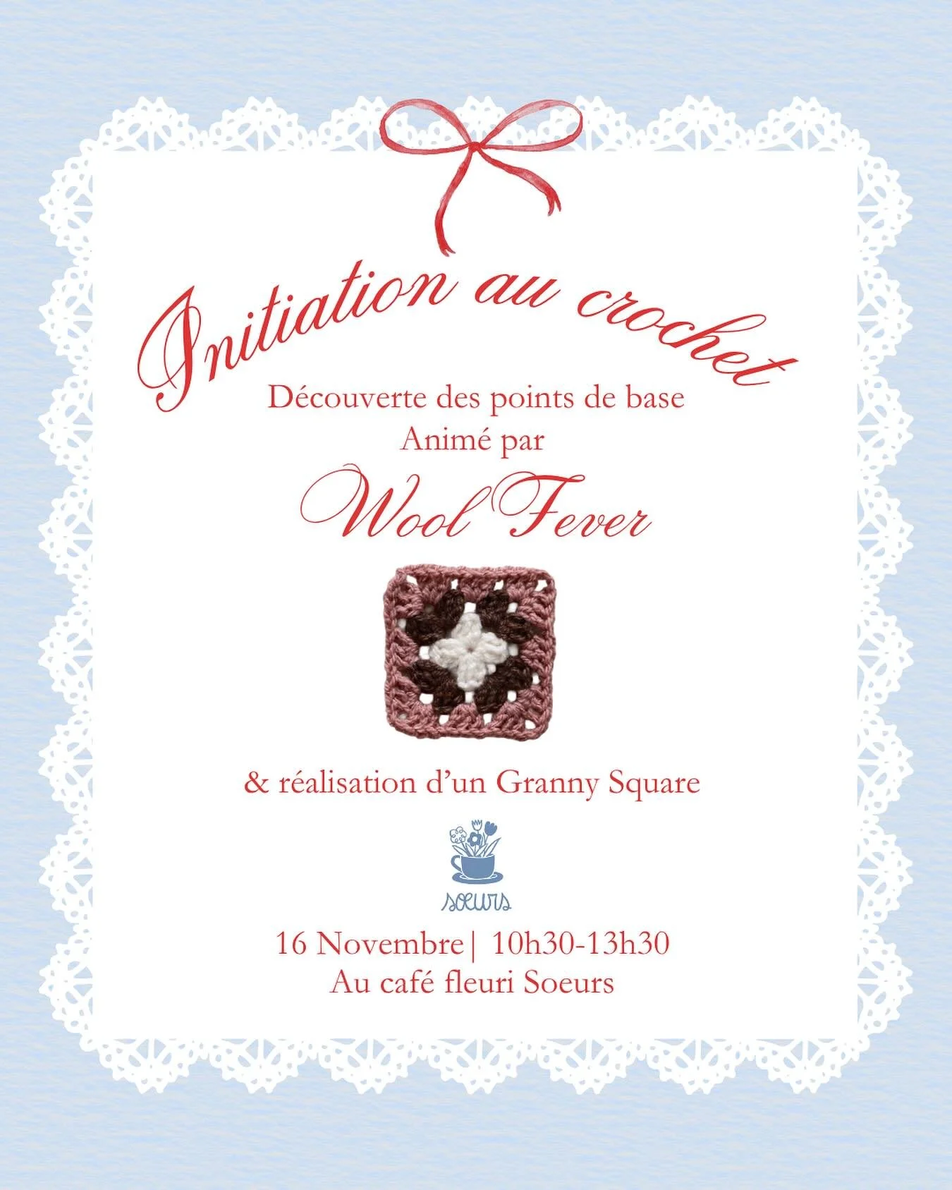 Nouvelle date d&rsquo;atelier d&rsquo;initiation au crochet ! 🌸🧶

Je suis trop contente de vous annoncer que j&rsquo;organise un second atelier d&rsquo;initiation au crochet le dimanche 16 novembre chez Soeurs - Caf&eacute; fleuri 🌸🩷

Au programm